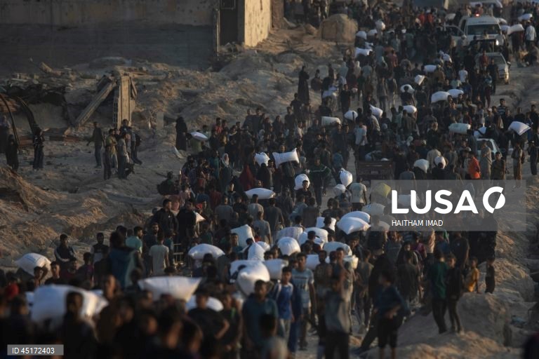 Palestina: Distribuição de sacos de farinha em Jabalia