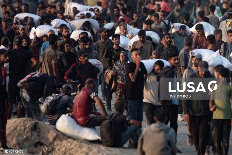 Palestina: Distribuição de sacos de farinha em Jabalia