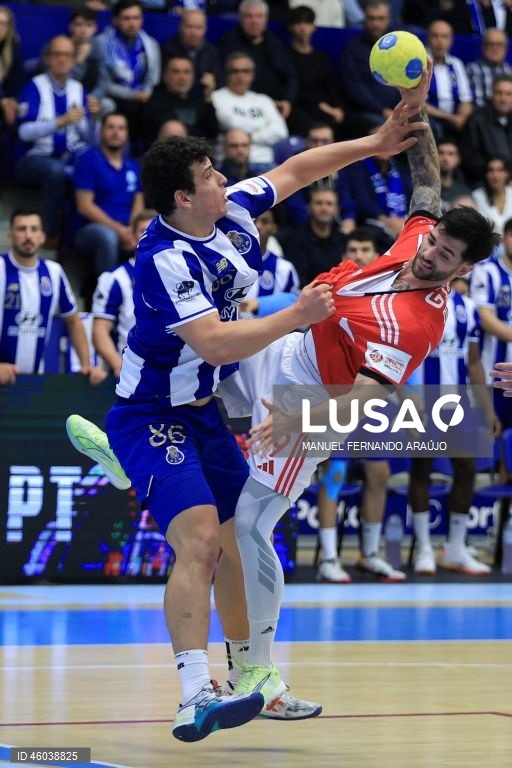 O jogador do FC Porto, Ricardo Brandão (E), disputa a bola com o jogador do Benfica, Pau Floreta (D), durante o jogo da 11ª jornada da I Liga de Andebol, realizado no Pavilhão Dragão Caixa, no Porto, 15 de novembro de 2025. MANUEL FERNANDO ARAÚJO/LUSA