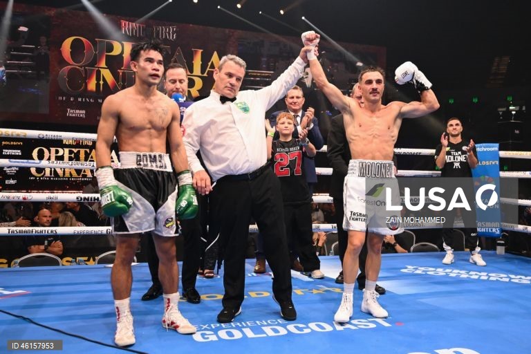 Jason Moloney, da Austrália venceu contra Herlan Gomez, das Filipinas, durante a luta pelo título WBC Australasian Bantamweight 2025 no Gold Coast Convention Centre, em Broadbeach, Austrália.