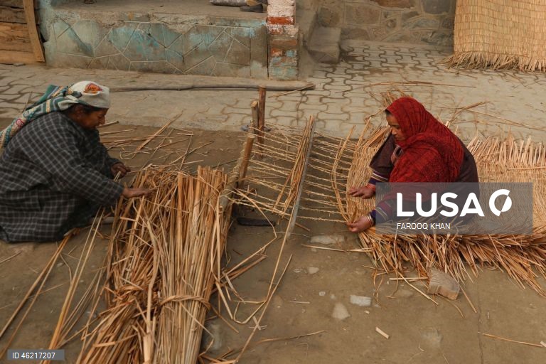 Índia: Tecelagem de esteiras tradicionais de palha em Srinagar, Caxemira