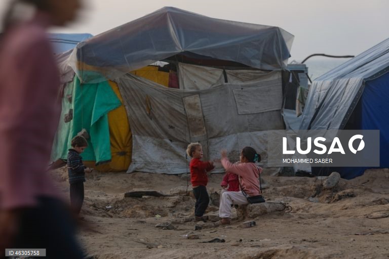 Famílias palestinianas deslocadas na zona oeste da cidade de Gaza