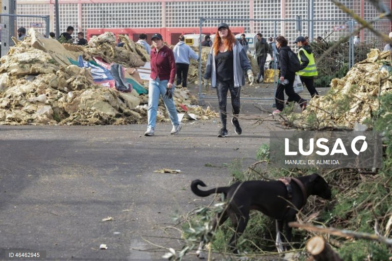 Voluntários ajudam na remoção de detritos provocados pela passagem da depressão Khistin, no centro da cidade de Leiria, 31 janeiro 2026. O Governo decretou situação de calamidade entre as 00:00 de quarta-feira até às 23:59 de dia 01 de fevereiro para cerca de 60 municípios, número que pode aumentar. MANUEL DE ALMEIDA/LUSA