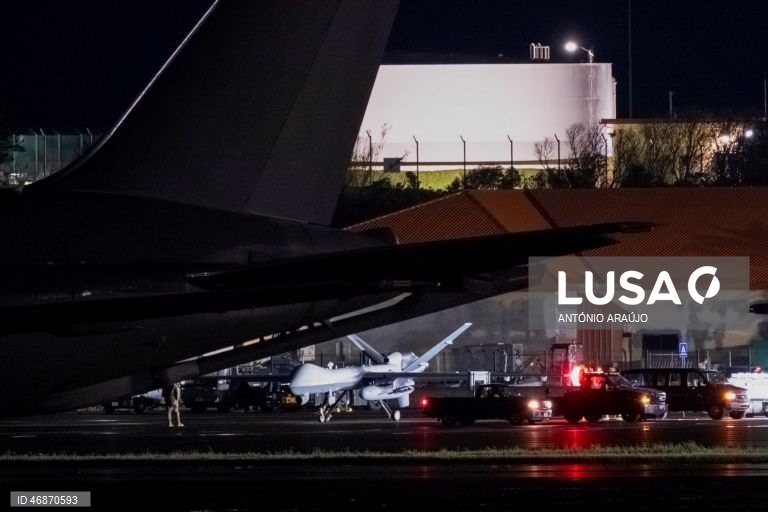 Drone norte-americano MQ-9 Reaper, aeronave militar não tripulada conhecida como "drone assassino" na Base Aérea das Lajes, Praia da Vitória, Terceira, Açores, Portugal. 3 de abril de 2026, ANTÓNIO ARAÚJO/ LUSA
