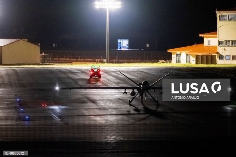Drone norte-americano MQ-9 Reaper, aeronave militar não tripulada conhecida como "drone assassino" na Base Aérea das Lajes, Praia da Vitória, Terceira, Açores, Portugal. 3 de abril de 2026, ANTÓNIO ARAÚJO/ LUSA
