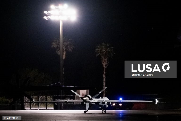 Drone norte-americano MQ-9 Reaper, aeronave militar não tripulada conhecida como "drone assassino" na Base Aérea das Lajes, Praia da Vitória, Terceira, Açores, Portugal. 3 de abril de 2026, ANTÓNIO ARAÚJO/ LUSA