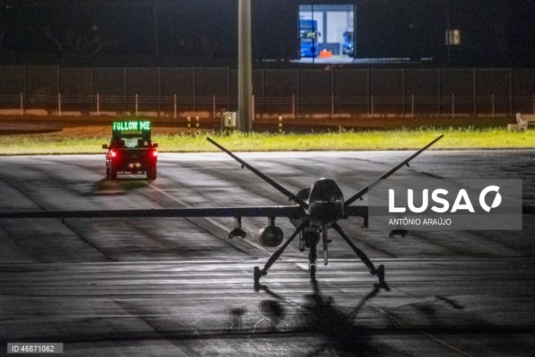 Drone norte-americano MQ-9 Reaper, aeronave militar não tripulada conhecida como "drone assassino" na Base Aérea das Lajes, Praia da Vitória, Terceira, Açores, Portugal. 3 de abril de 2026, ANTÓNIO ARAÚJO/ LUSA