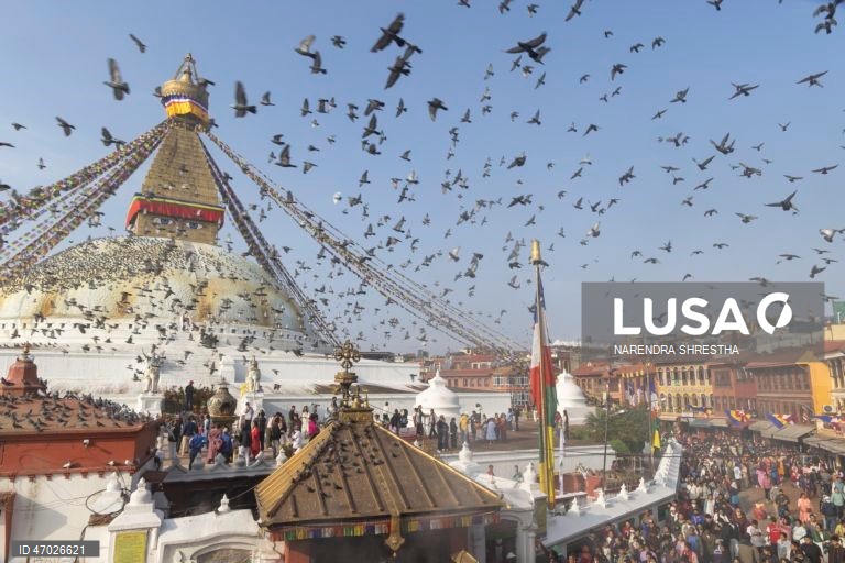 Monges budistas nepaleses à espera de donativos enquanto os peregrinos visitam a Estupa de Boudha durante as celebrações do aniversário de Buda em Catmandu, Nepal. Milhares de devotos budistas e hindus acorreram ao templo para celebrar o tradicional aniversário de Buda, ou Príncipe Siddhartha Gautama, que nasceu há cerca de 2.500 anos em Lumbini, atualmente no Nepal, e é venerado por pessoas em toda a Ásia.  
