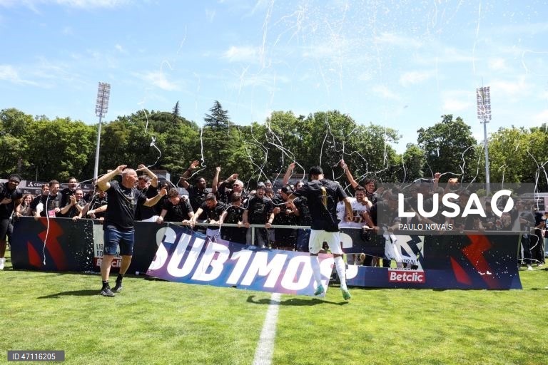 Jogadores do Académico de Viseu, celebram a subida à I liga no final do jogo da última jornada da II Liga de Futebol em que empataram, 0-0 com o Sporting B, realizado no Estádio do Fontelo, em Viseu, 16 de maio de 2026. PAULO NOVAIS/LUSA.