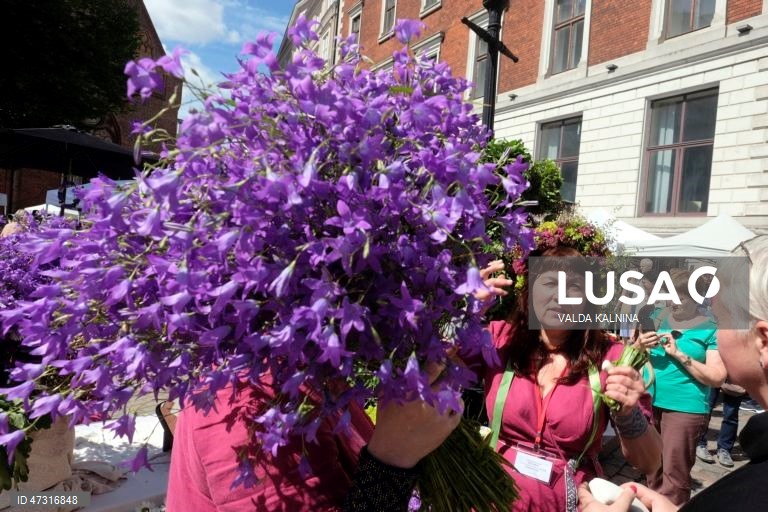 Letónia: Mercado tradicional de ervas e plantas na véspera das celebrações do solstício de verão.