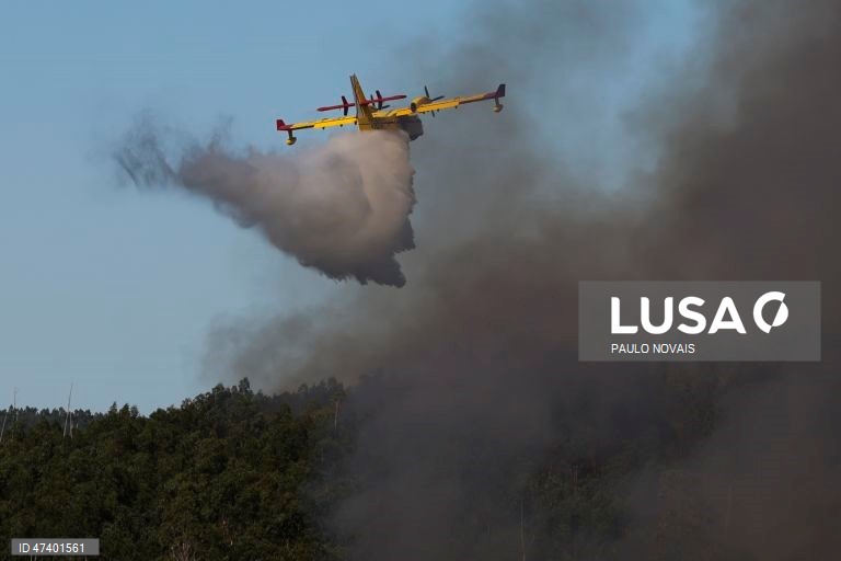 Aviões despejam água durante o combate ao incêndio florestal que desde a madrugada consome floresta na povoação de Cambarinho, Vouzela, 3 de julho de 2026. PAULO NOVAIS/LUSA,
