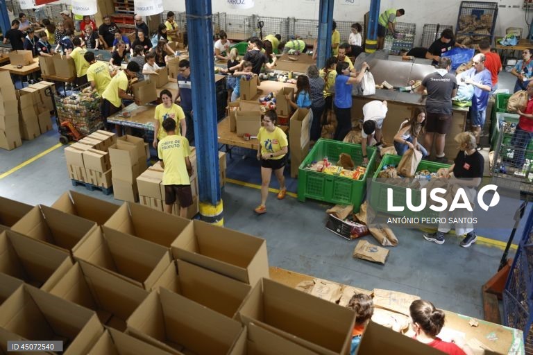 Voluntários separam os bens alimentares durante o início da campanha do Banco Alimentar Contra a Fome, em Lisboa, 31 de maio de 2025. Com o mote “A sua ajuda tem um nome: o nome de quem a vai receber”, a campanha apela ao contributo de todos os portugueses, que vão poder doar alimentos em mais de 2.000 superfícies comerciais espalhadas por todo o país. ANTÓNIO PEDRO SANTOS/LUSA