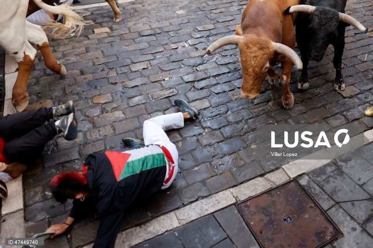 Os corredores, conhecidos como «mozos», são perseguidos pelos touros da fazenda La Palmosilla durante a sexta corrida de touros do festival de San Fermín, em Pamplona, no norte de Espanha.